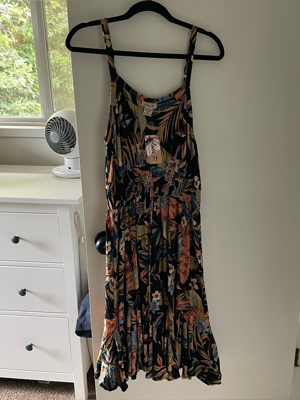 Lola P Black Floral Midi Dress with Rust and Blue Accents